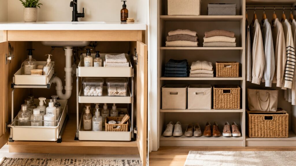 under-sink organizer and closet shelf organizer for home organization