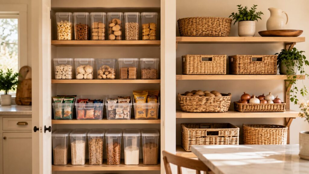pantry storage bins and woven storage baskets for home organization