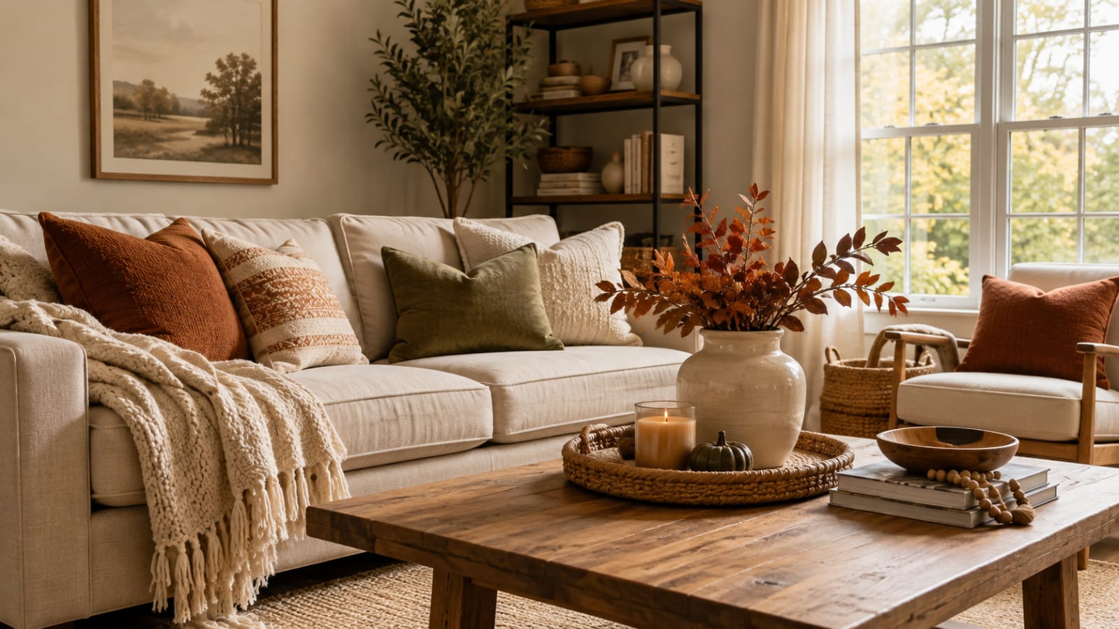 Early fall living room decor on a $50 budget with cozy neutral accents and warm seasonal styling