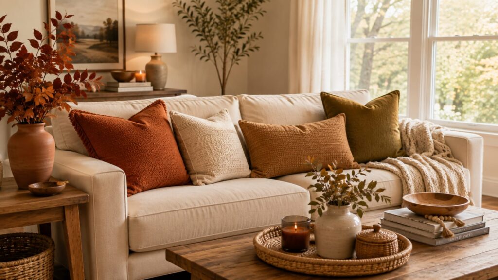 early fall living room decor with warm accent pillows
